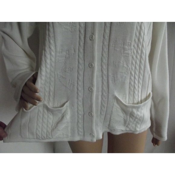 Knit Minded Cardigan Sweater Medium White Cable button front M open snap back - Picture 3 of 12